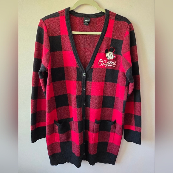 Disney Sweaters - Disney Parks Mickey Mouse Buffalo Plaid Cardigan Sweater - Red & Black - Size L